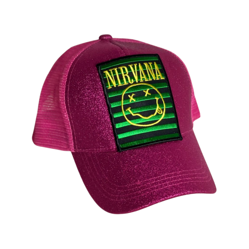 Nirvana Magenta Trucker Hat- Smiley Green